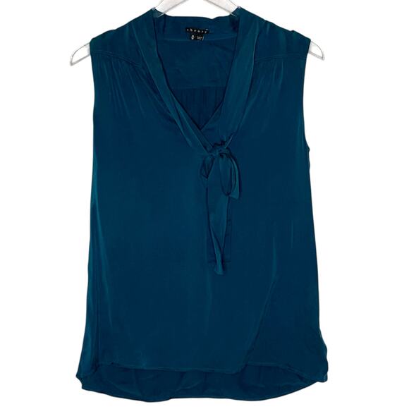 Theory M Silk Tie Neck Blouse Sleeveless Top Office Classic Minimalist Blue - Picture 1 of 9